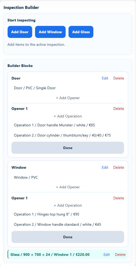 Recorded door, window and glass work with individual parts and prices
